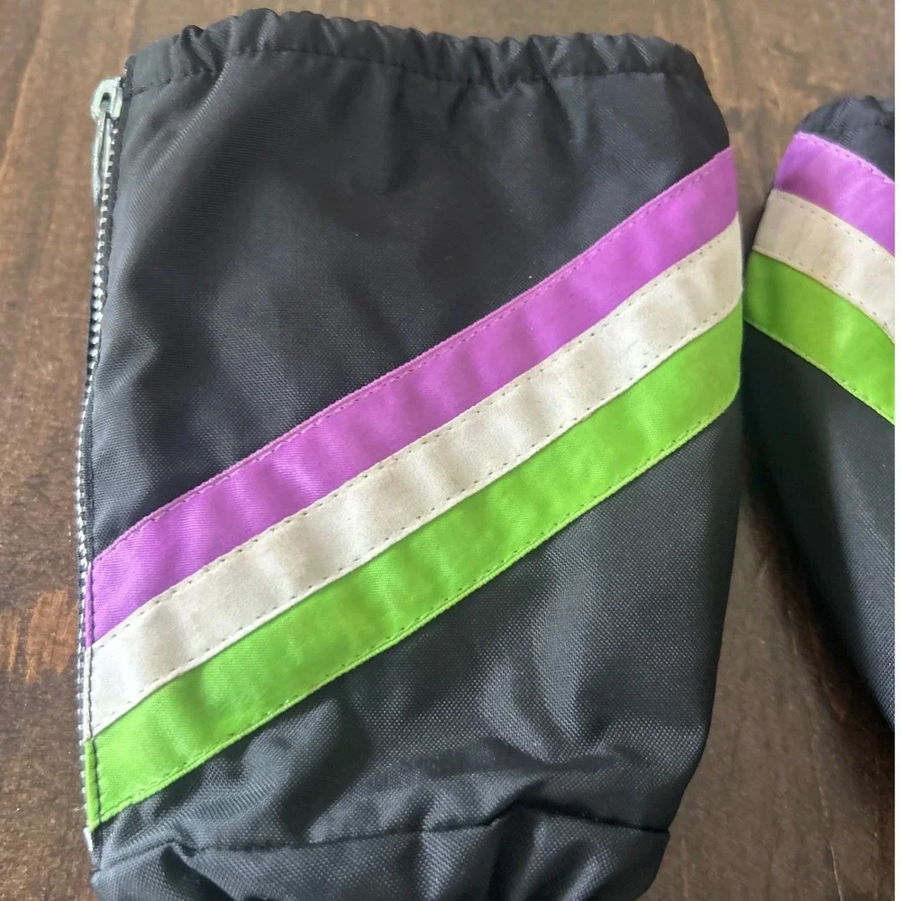 Vintage Ski Mittens Jr Large Black Genuine Cowhide Leather Neon Stripe Japan
